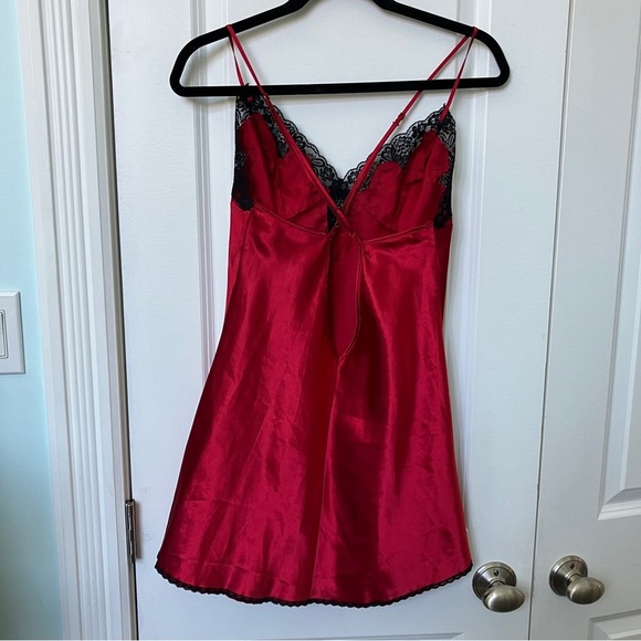 Frederick's of Hollywood Red Satin Black  Lace Slip Dress - Picture 6 of 8